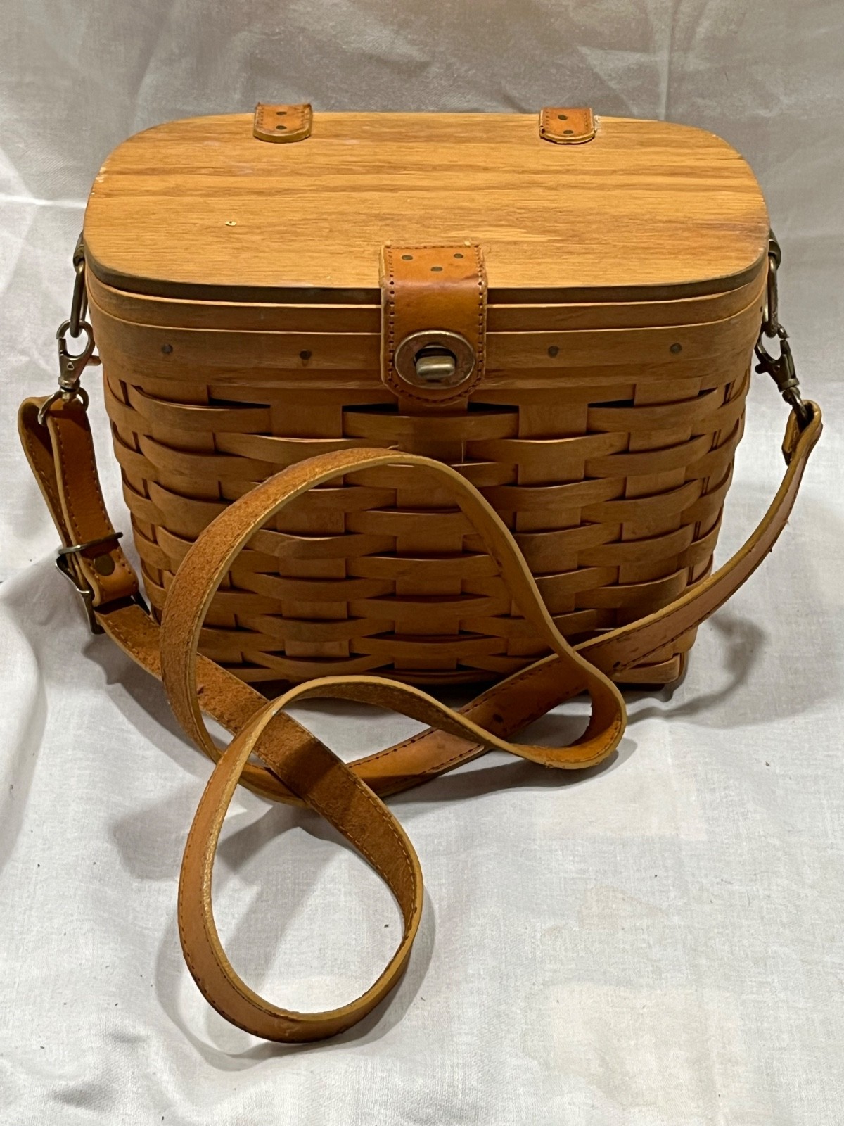 Vintage Longaberger Basket Purse With Plaid Fabric Liner & Leather Strap Vintage Longaberger Basket Purse With Plaid Fabric Liner & Leather Strap