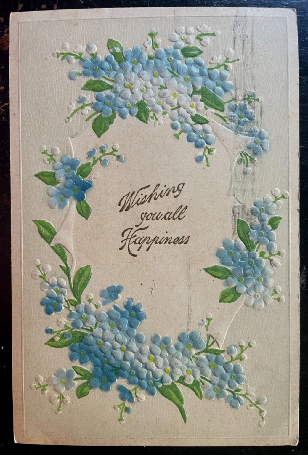 Vintage Victorian Postcard 1910 Wishing You All Happiness - Blue Flowers