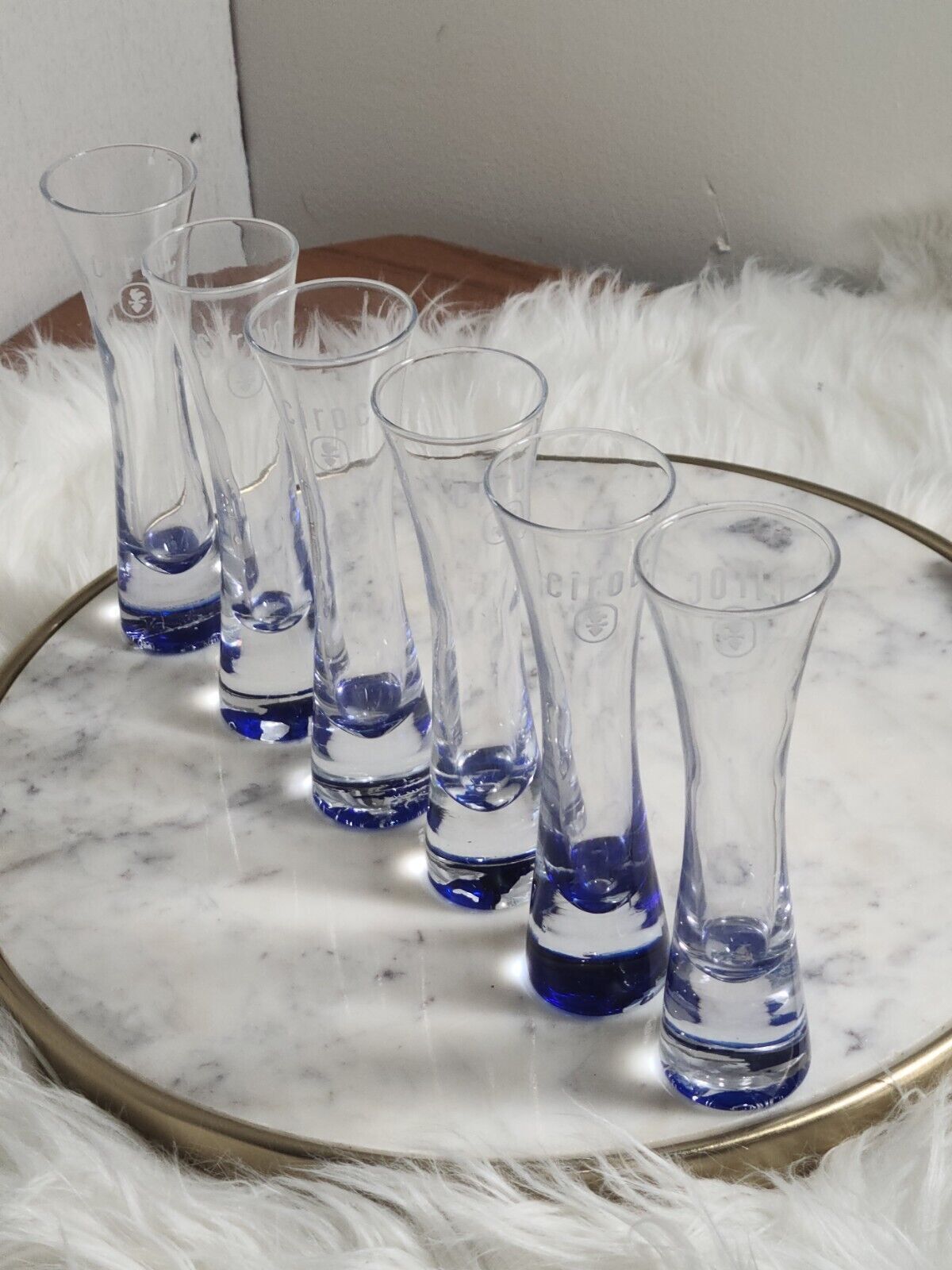 Set Of 6 Vtg CIROC VODKA 6.25” Shot Glasses Cobalt Blue Weighted Etched Italy