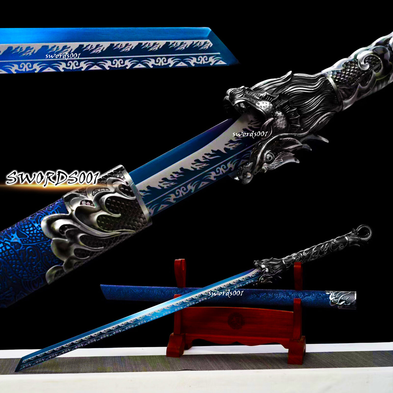 Handmade Wolf Sword Cool Blue Straight Carbon Steel Blade Chinese Tang Dao