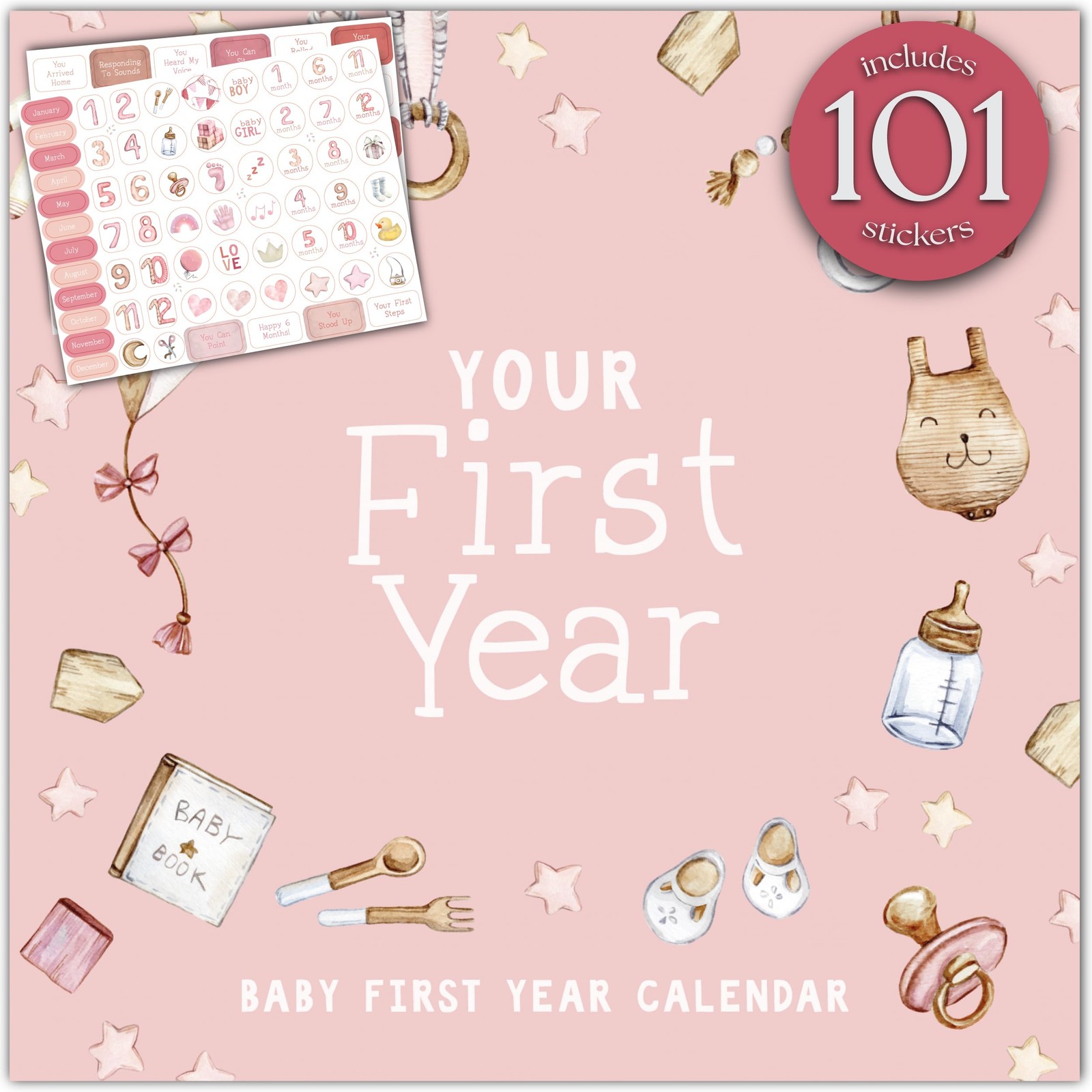 Baby\'s First Year Calendar with 100 Stickers  Pink Watercolor Design 1st Year...