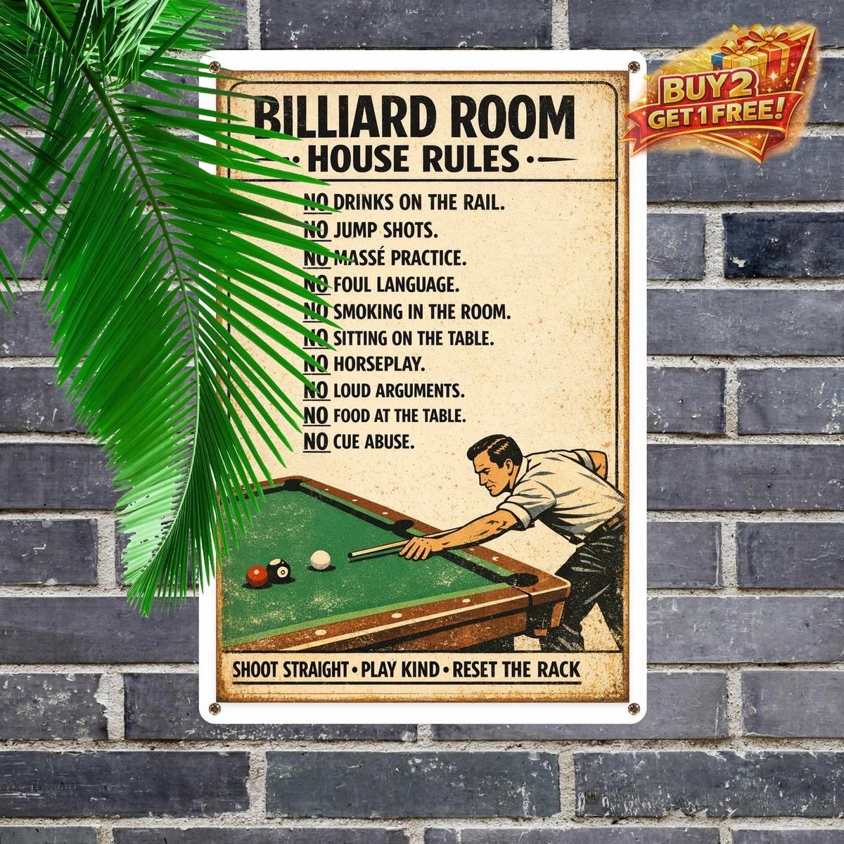Billiard Pool Table Rules Poster Retro Game Room Metal Tin Sign 8x12