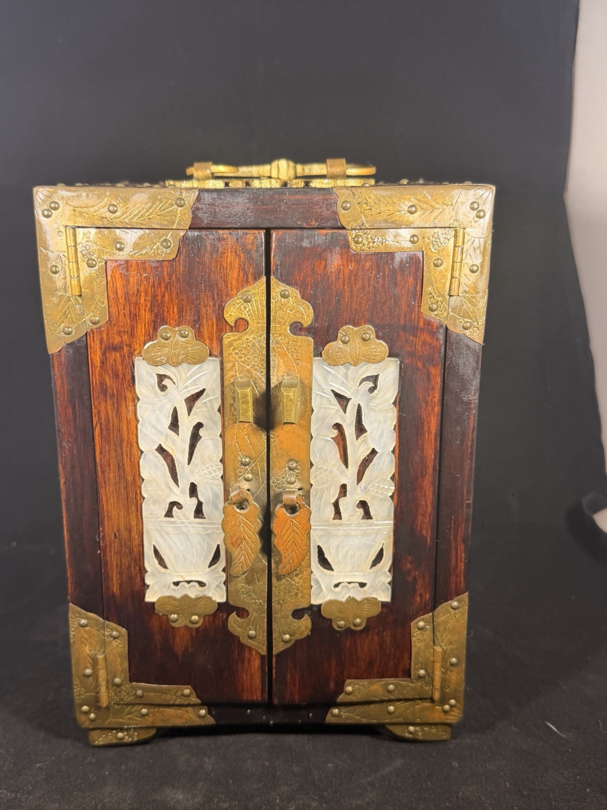 Vintage Oriental Chinese Rosewood/Brass w Carved Jade Inlay Jewelry Box W/ Lock