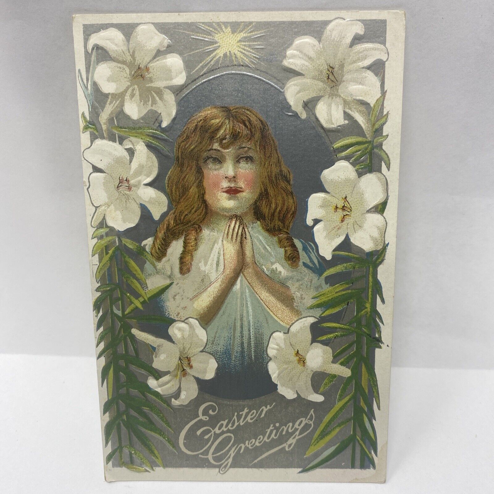 Vintage Postcard 1911 Easter Greetings Girl Praying Flowers