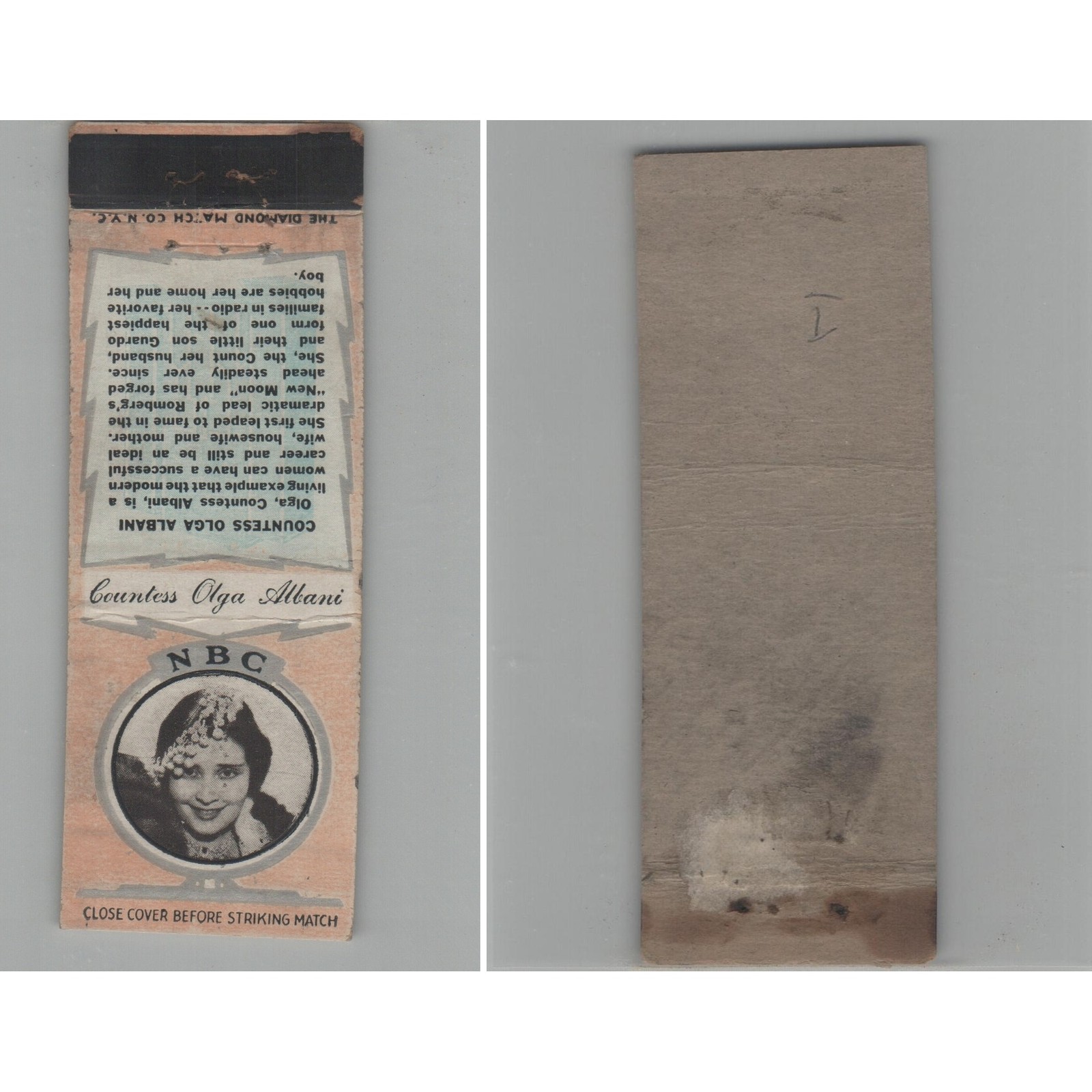 Matchbook Cover NBC Radio Star Countess Olga Albani