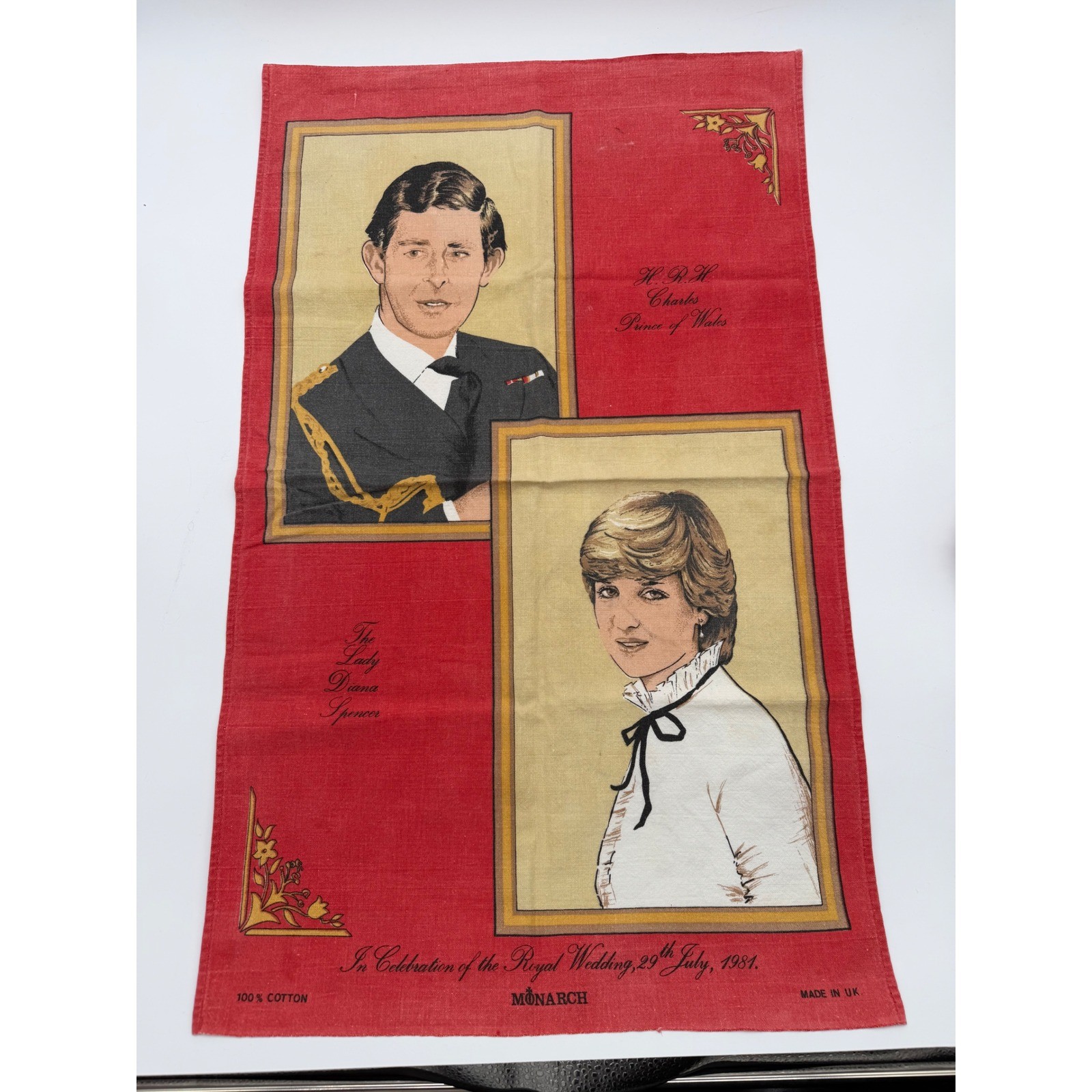 Vintage Monarch 1981 Royal Wedding Tea Towel Prince Charles Lady Diana UK