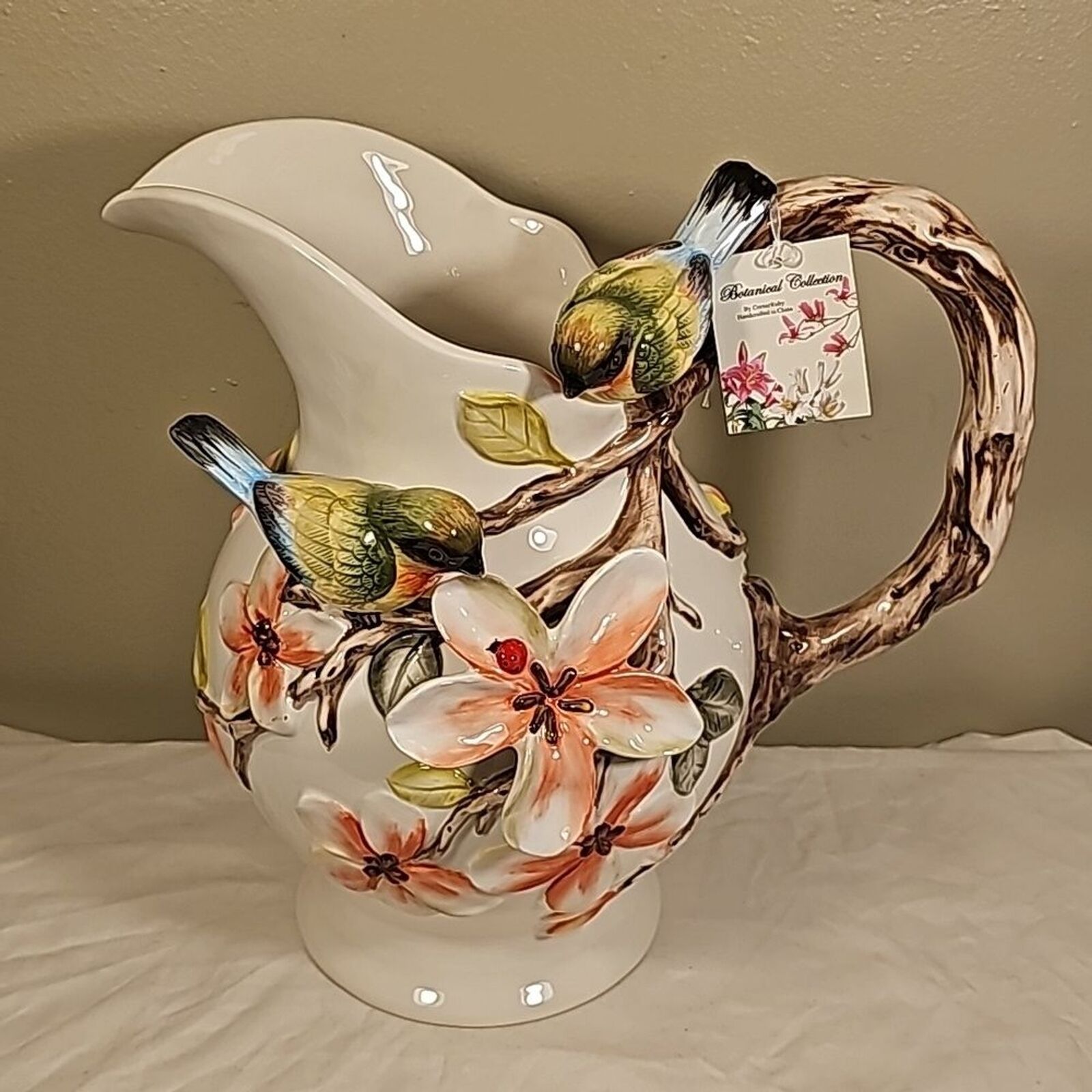 Unique artistic 3D pitcher vase birds flowers brand new with tags