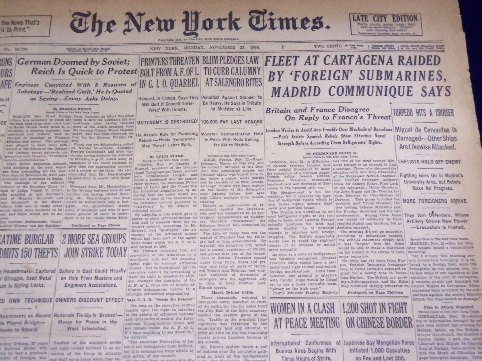 1936 NOV 23 NEW YORK TIMES - FLEET AT CARTAGENA RAIDED BY SUBMARINES - NT 2086 1936 NOV 23 NEW YORK TIMES - FLEET AT CARTAGENA RAIDED BY SUBMARINES - NT 2086