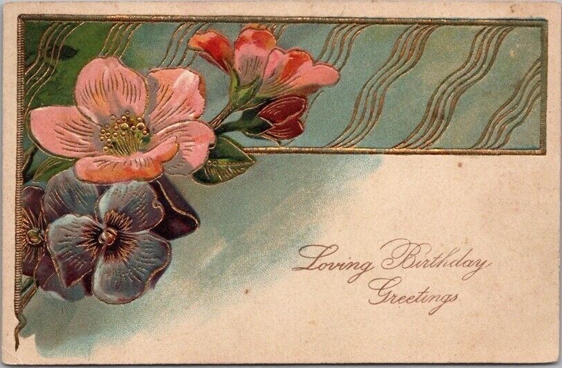 Vintage 1908 HAPPY BIRTHDAY Postcard Pink & Blue Flowers / PFB EMBOSSED #6096