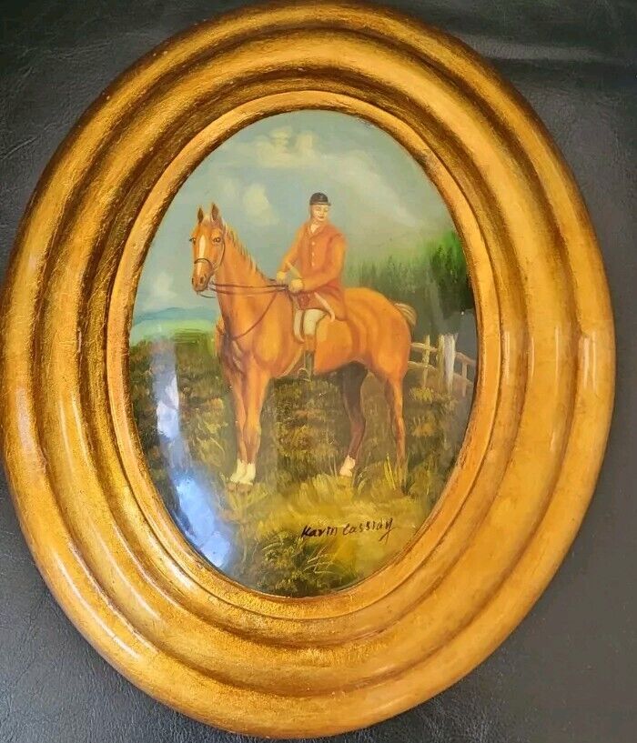 LACQUERED PORTRAIT PLAQUE jockey on horse signed by KARIN CASSIDY Hand Painted