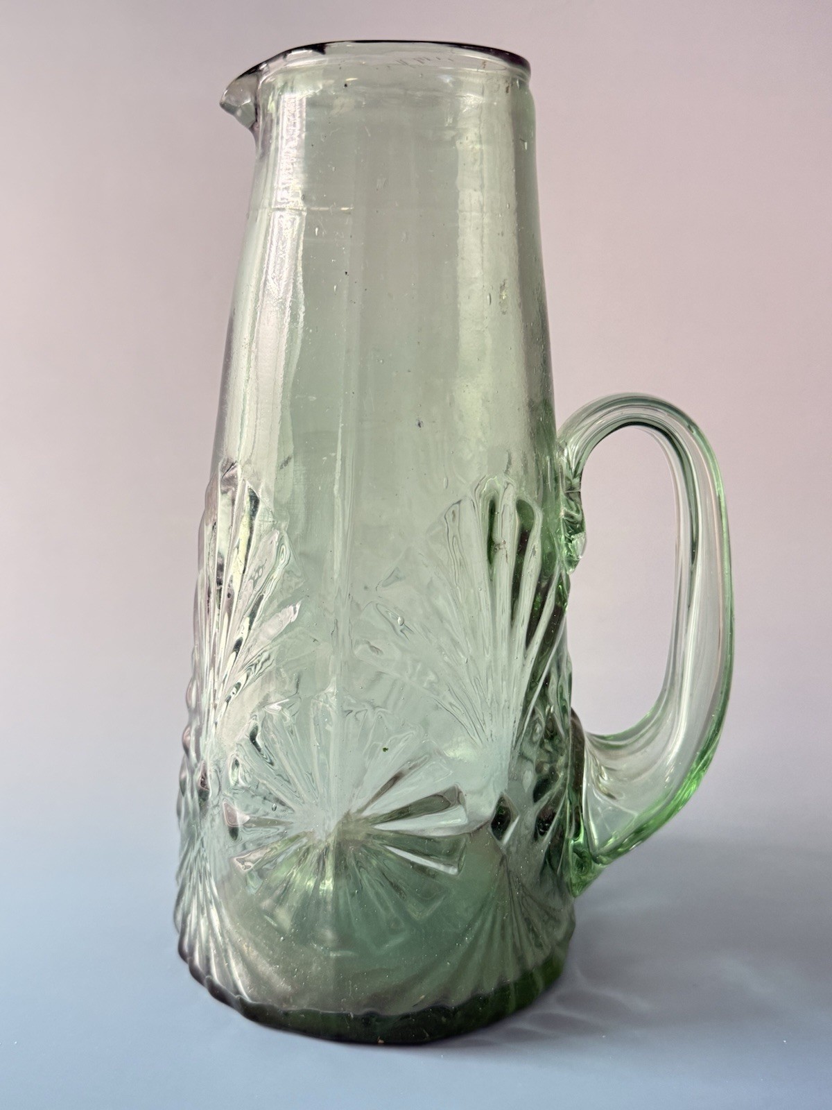Vintage Mexican Hand Blown Green Glass Pitcher Starburst 9” Heavy