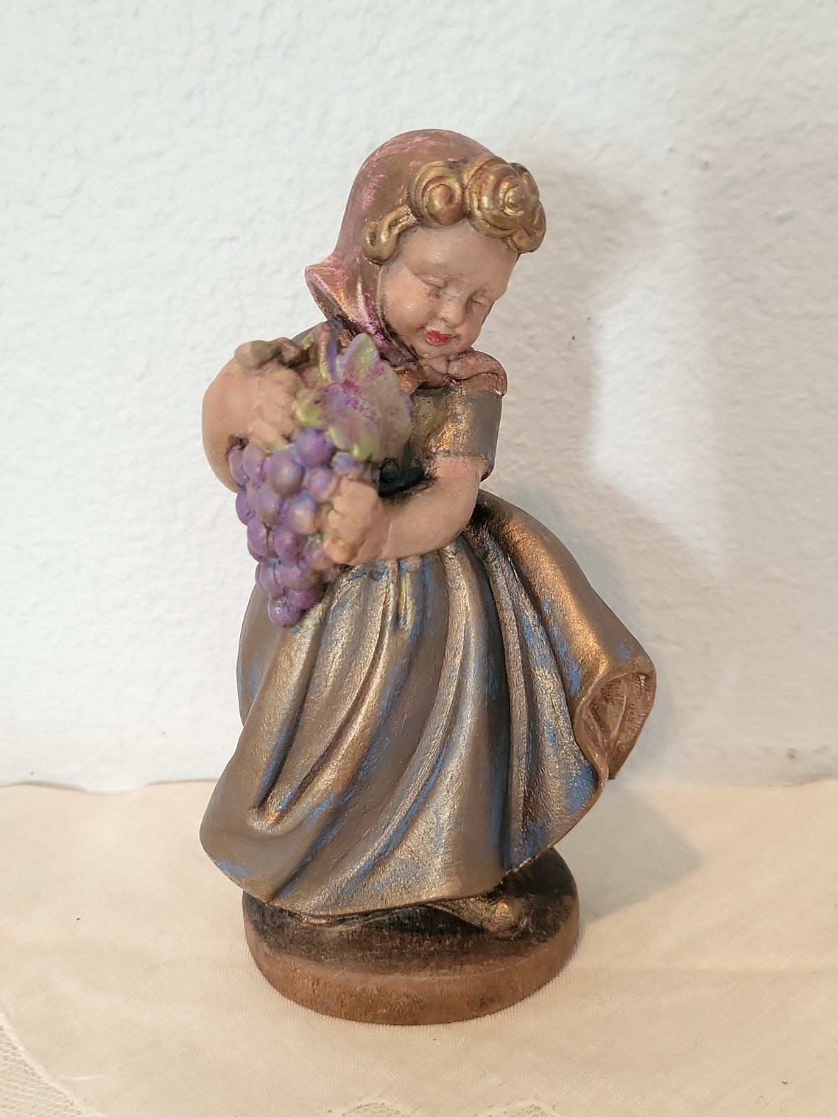 Vintage Oberammergau Hand Carved Girl With Grapes Sculpture Oberammergau Germany
