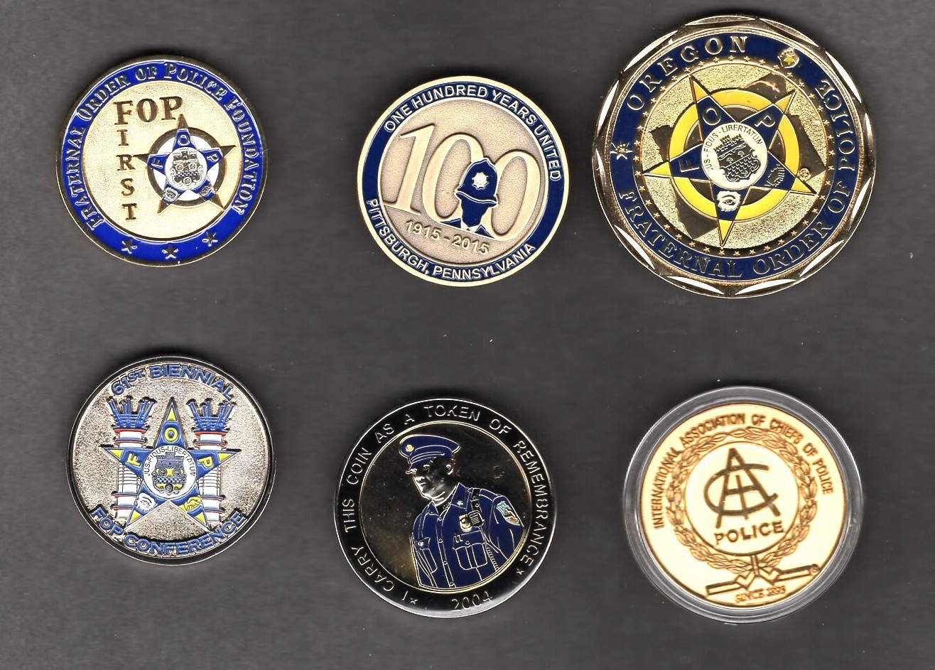 Fraternal Order Of Police (F.O.P.) Challenge Coins X 6 Various occasions