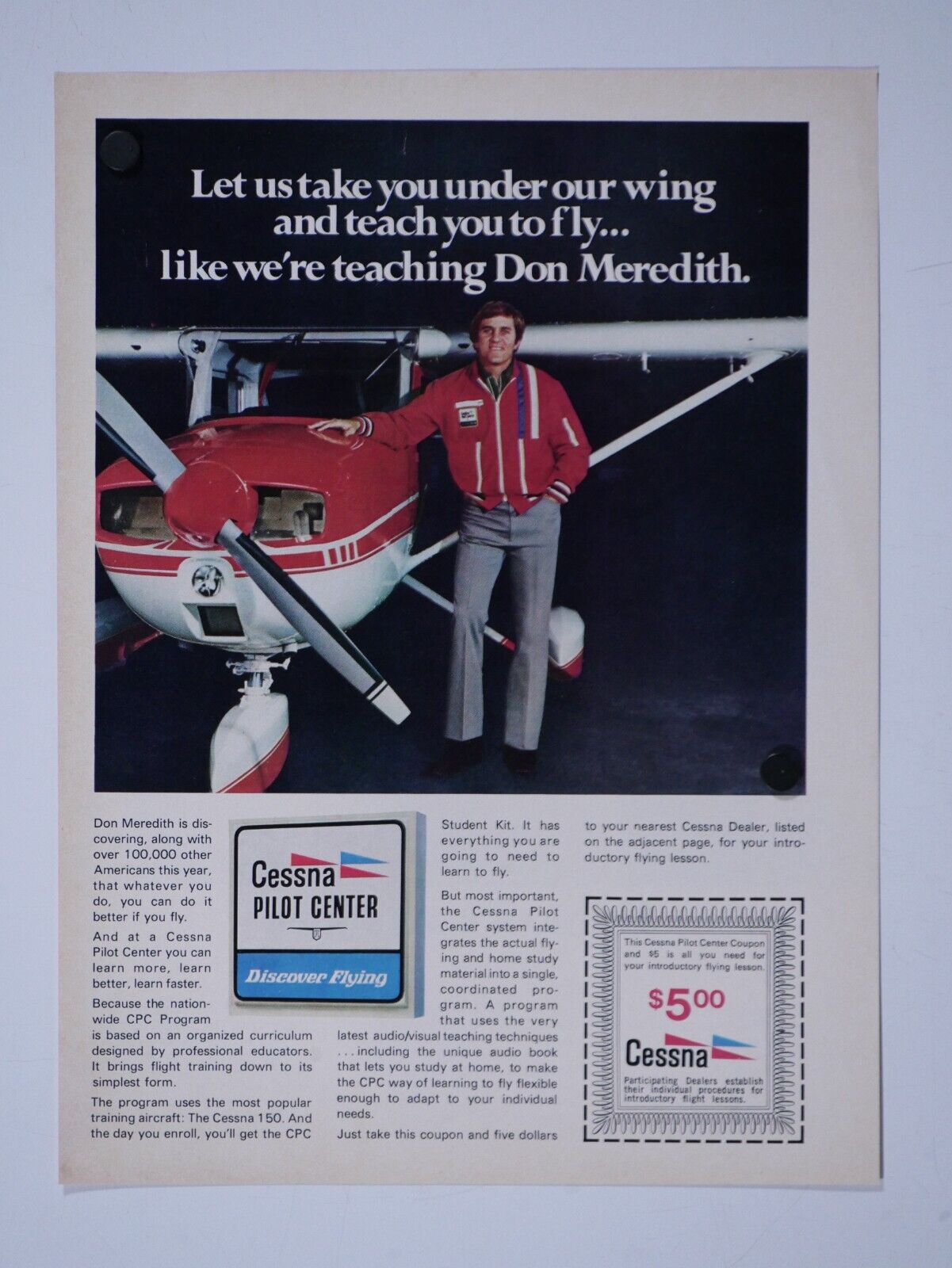 Don Meredith Dallas Cowboys Vintage 1973 Cessna Pilot Center Original Print Ad