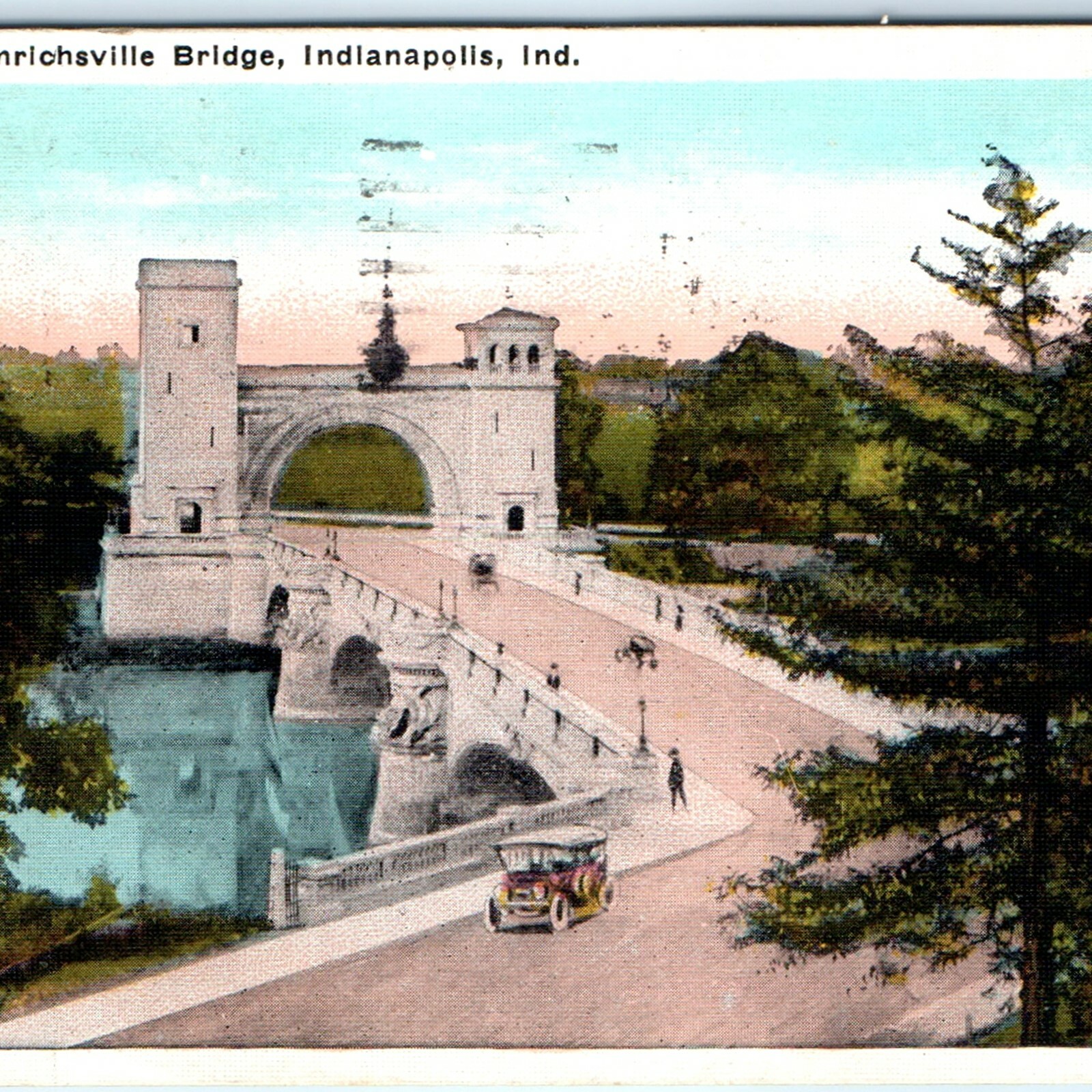 c1920s Indianapolis, IN Emrichsville Bridge Postcard White Border Arch Posted