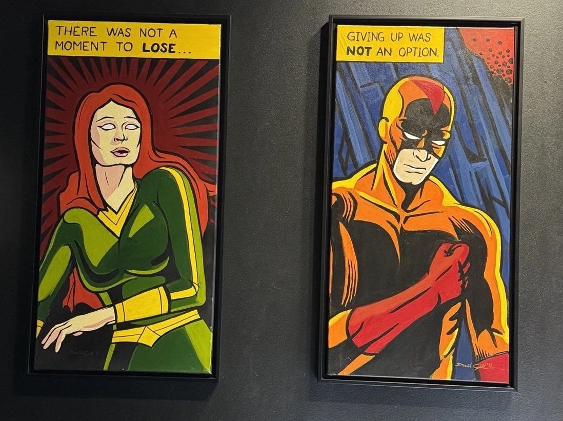 Pop Art Comic Style Paintings (2) Signed, Framed Jean Gray & Daredevil Original Pop Art Comic Style Paintings (2) Signed, Framed Jean Gray & Daredevil Original