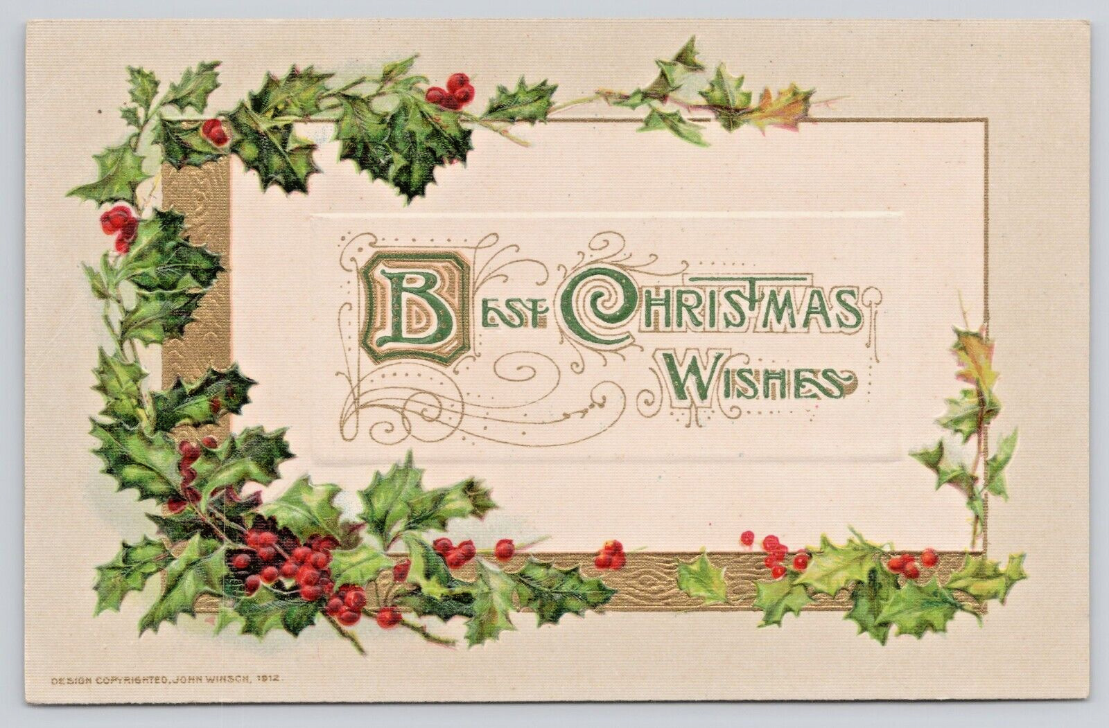 Postcard John Winsch Best Christmas Wishes 1912 Holly Berries