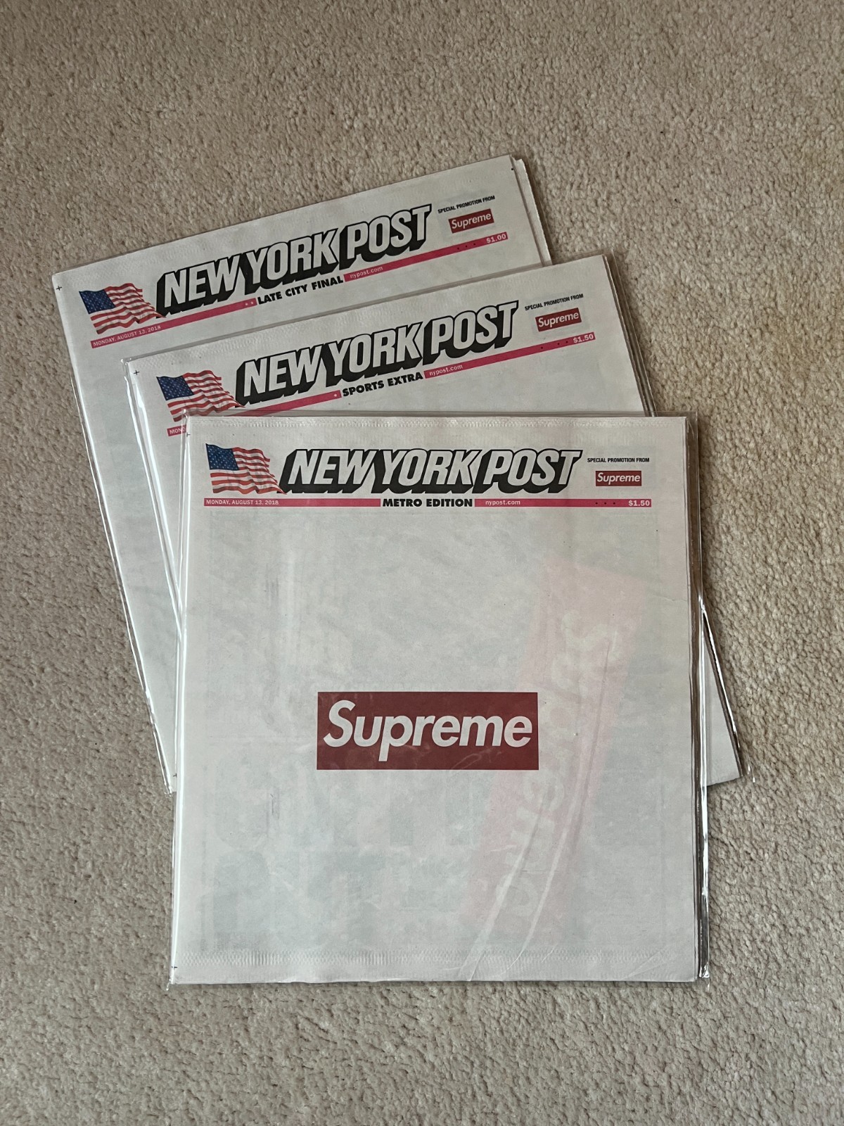 Supreme x The New York Post Newspaper FULL SET - All 3 Editions (Sleeved) MINT Supreme x The New York Post Newspaper FULL SET - All 3 Editions (Sleeved) MINT