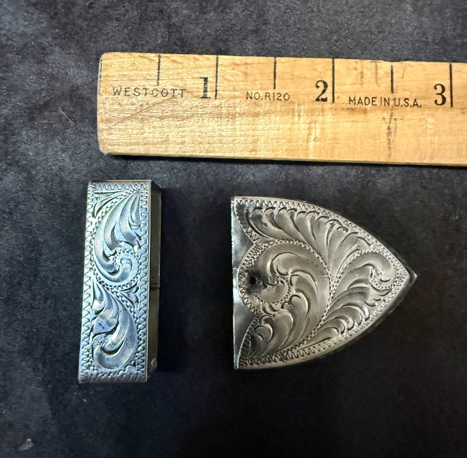 Vintage Sterling Silver Engraved Belt Tip and Keeper 1  1/2\