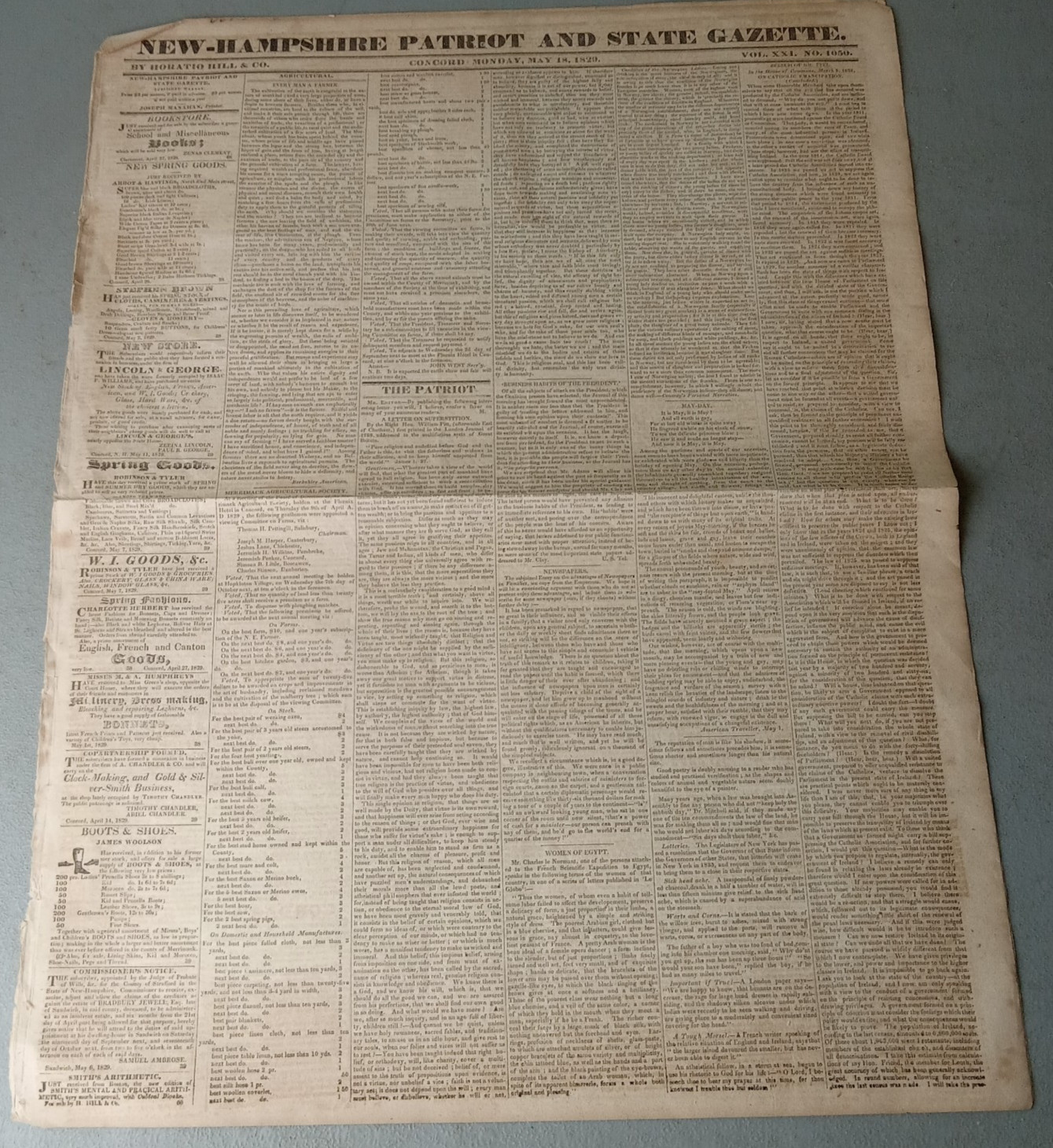 RARE 1829 Andrew Jackson Era Newspaper New Hampshire Patriot Concord Politics