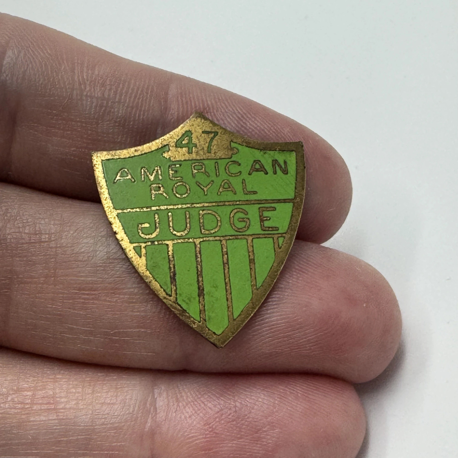 1947 American Royal Judge Shield Pin Green Enamel Gold Tone Screwback Vintage