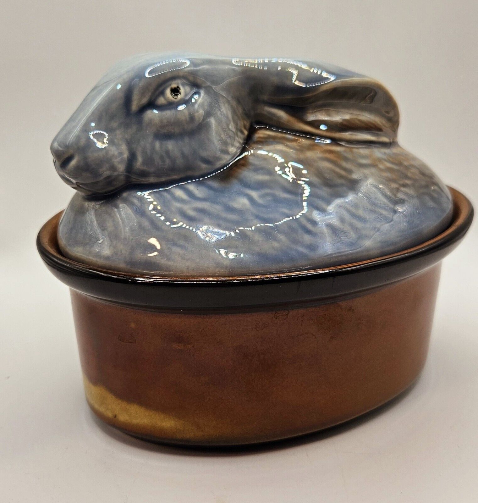 Vintage Secla Blue Nesting Rabbit Portugal Glazed Ceramic Pottery Oval Tureen