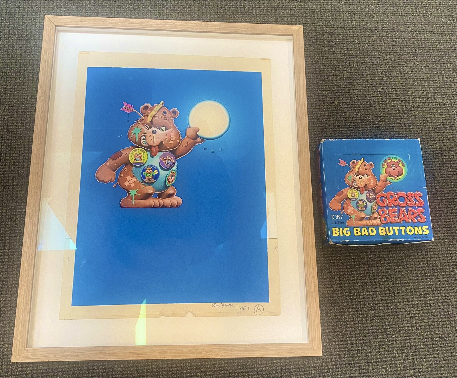 Rare 1/1 TOM BUNK 1985 Gross Care Bears Final Box Art Original Painting W/ Pins