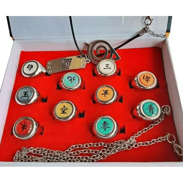 Naruto Akatsuki Rings Set 10pcs With Necklace And Chain Cosplay Itachi Gift Box
