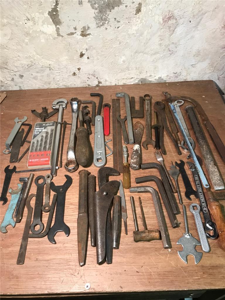 327a Job Lot Vintage Toolbox Contents Tools Spanners Bolsters Drills Wrenches