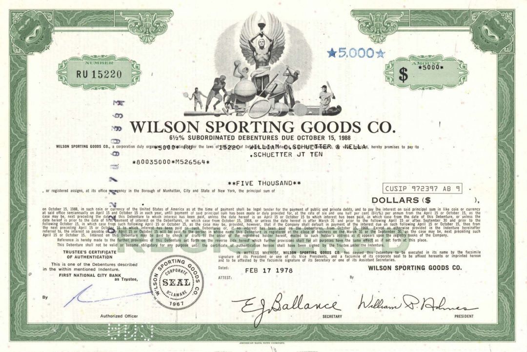 Wilson Sporting Goods Co. - Athletic Equipment Supplier - $5,000 Bond - Sports S