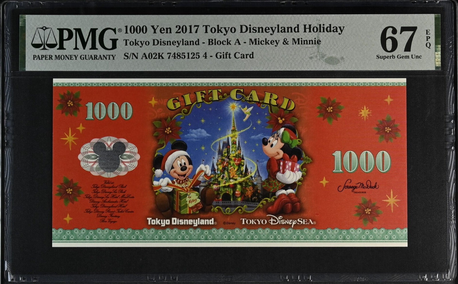 1000 Yen Disneyland Holiday Series Tokyo Disney Dollars - PMG 67 Superb Gem Unc