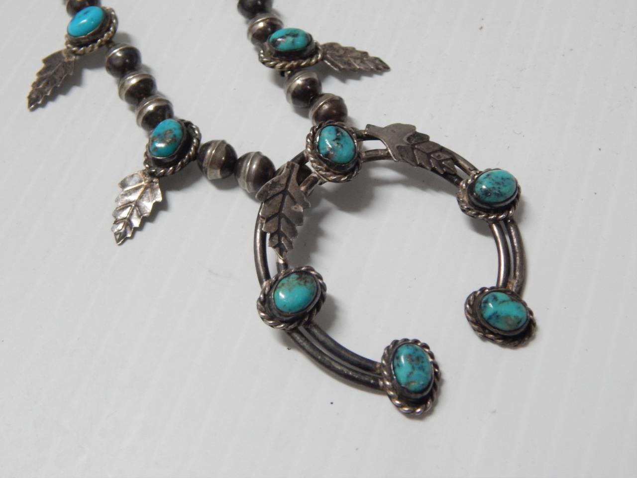 VINTAGE NAVAJO INDIAN STERLING SILVER TURQUOISE SQUASH BLOSSOM NAJA NECKLACE