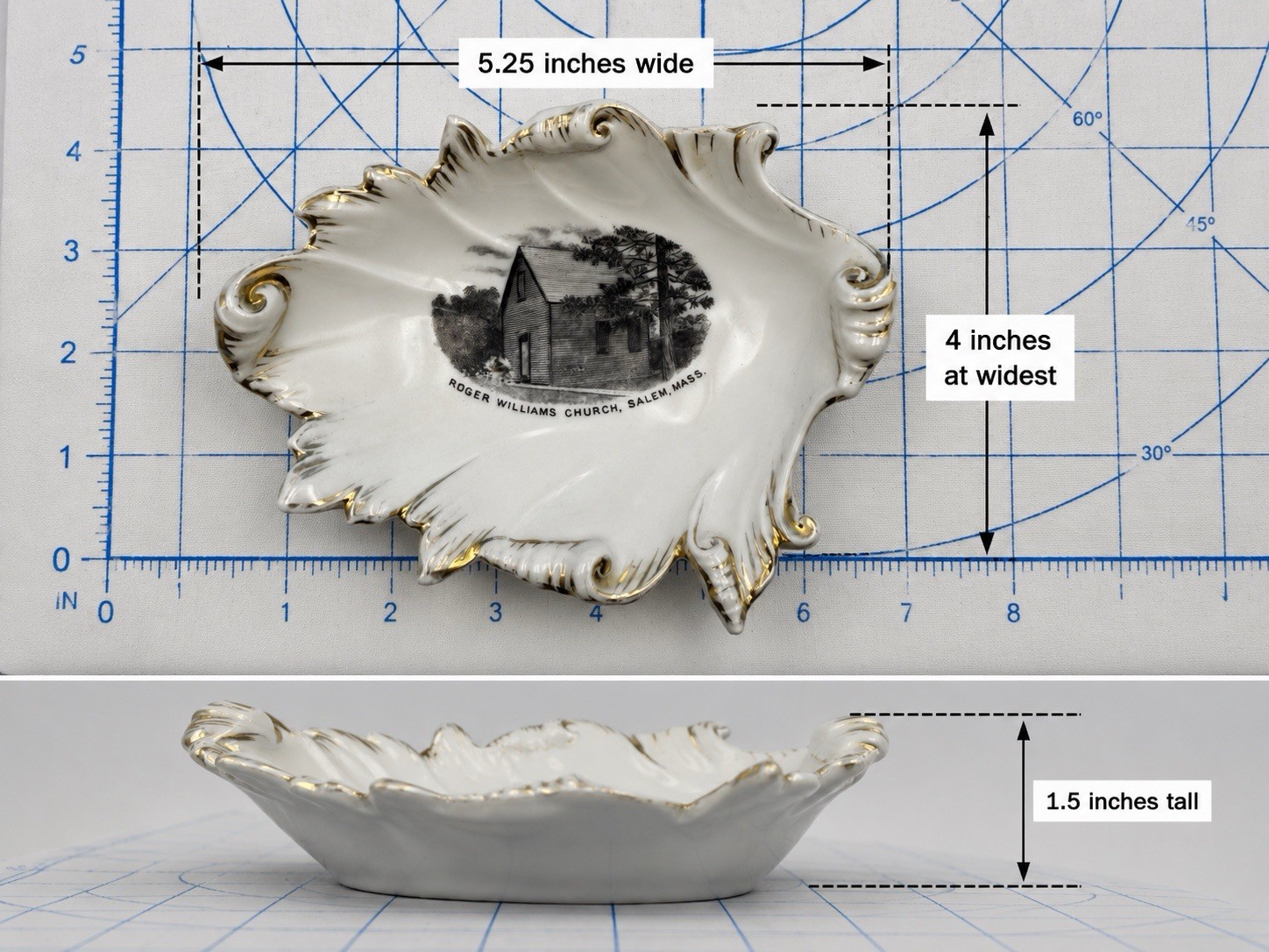 Antique Roger Williams Church Salem Mass Souvenir Porcelain Dish Gold c1900