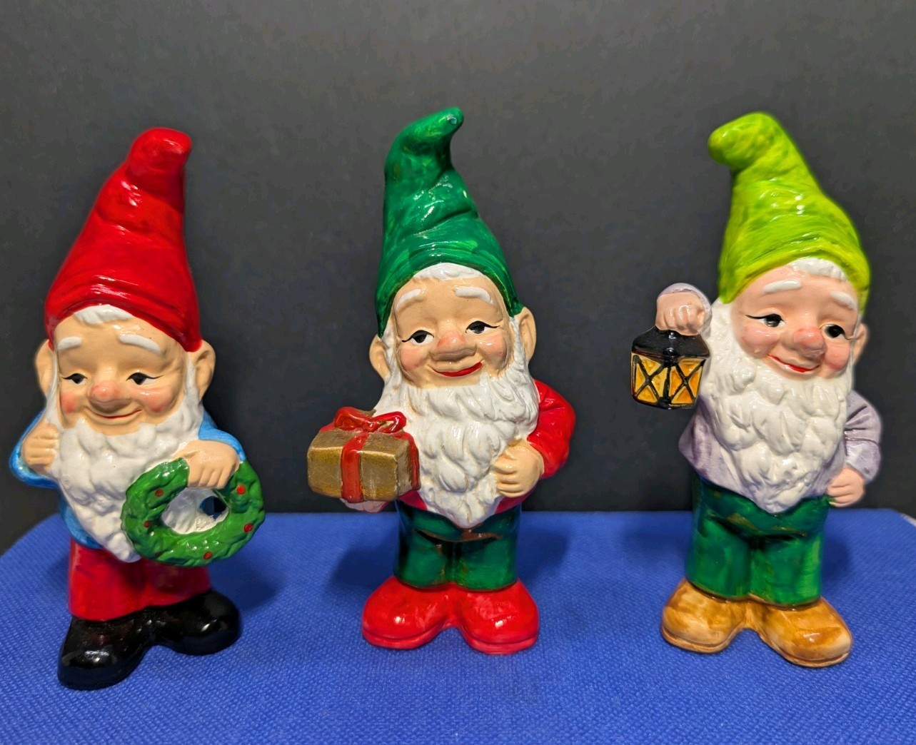 Vintage RB Japan Christmas Elf Gnomes - Lantern, Gift, & Wreath - Set of 3 Vintage RB Japan Christmas Elf Gnomes - Lantern, Gift, & Wreath - Set of 3