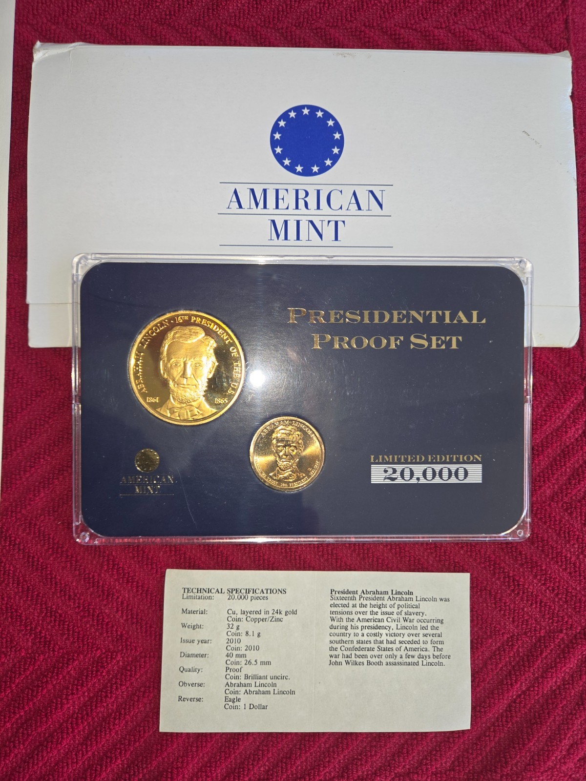 Abraham Lincoln LOT Gold Stamp, Several Medals/Coins, & Picture