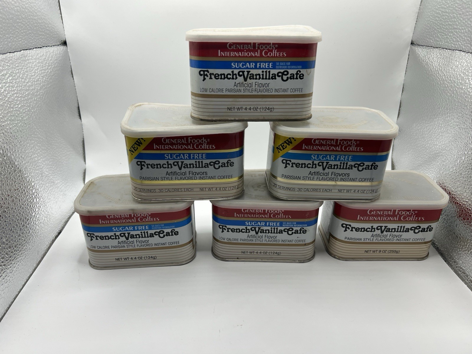 Lot of 6 Vtg 80s General Foods Sugar Free French Vanilla Coffee Tins 