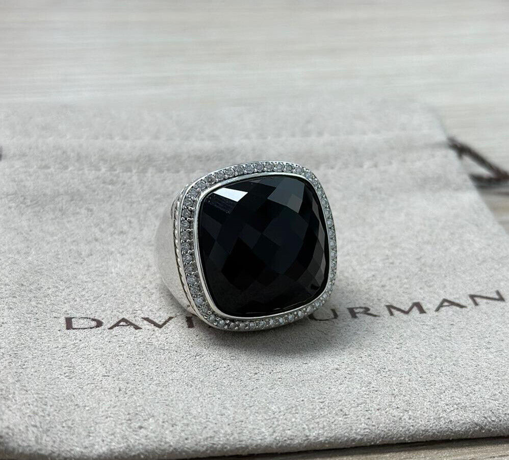 David Yurman Sterling Silver 20mm BLACK ONYX ALBION Ring With DIAMONDS Size 8
