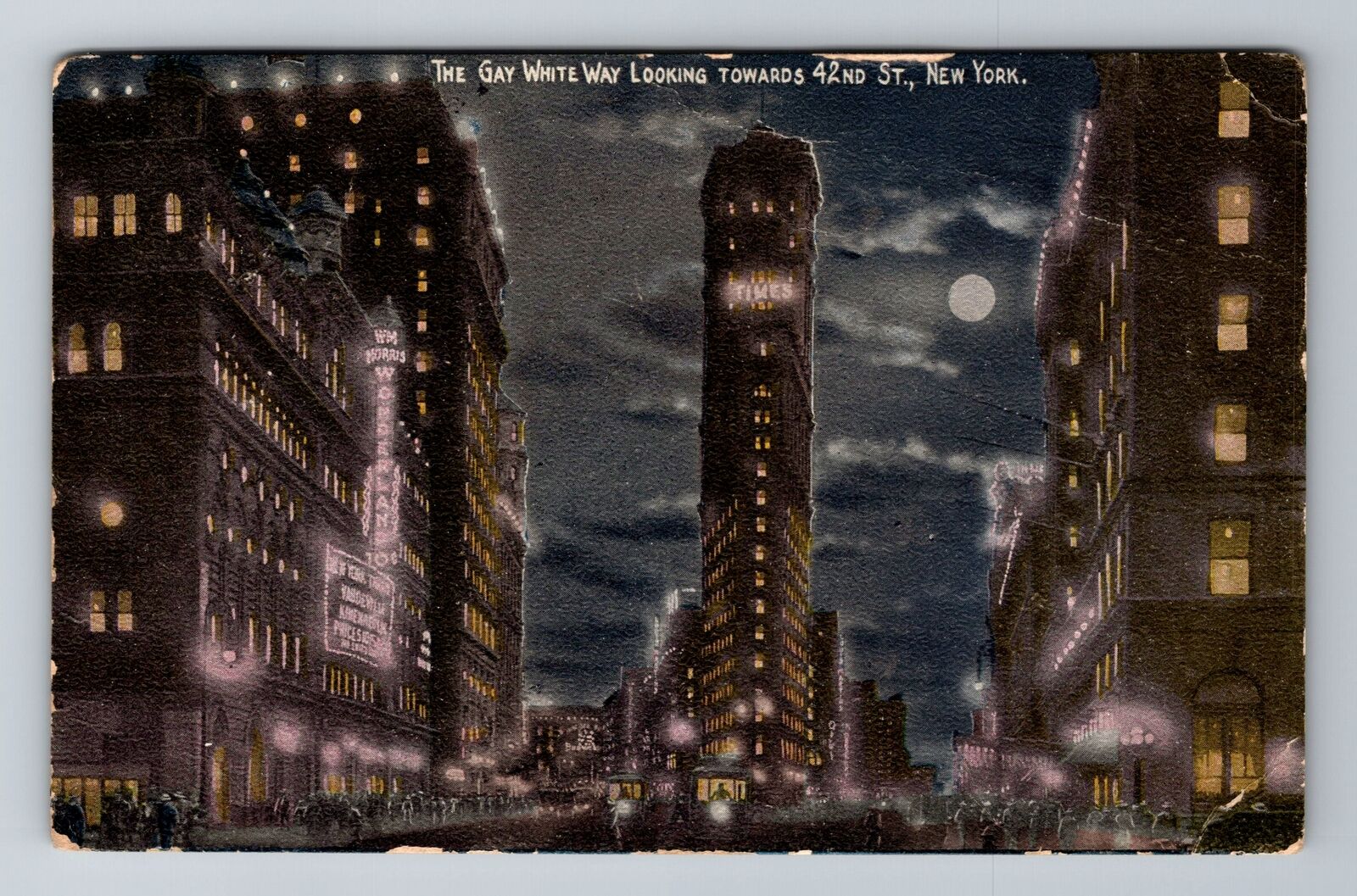 New York City NY, White Way, 42nd St, Moonlight, Vintage c1917 Postcard