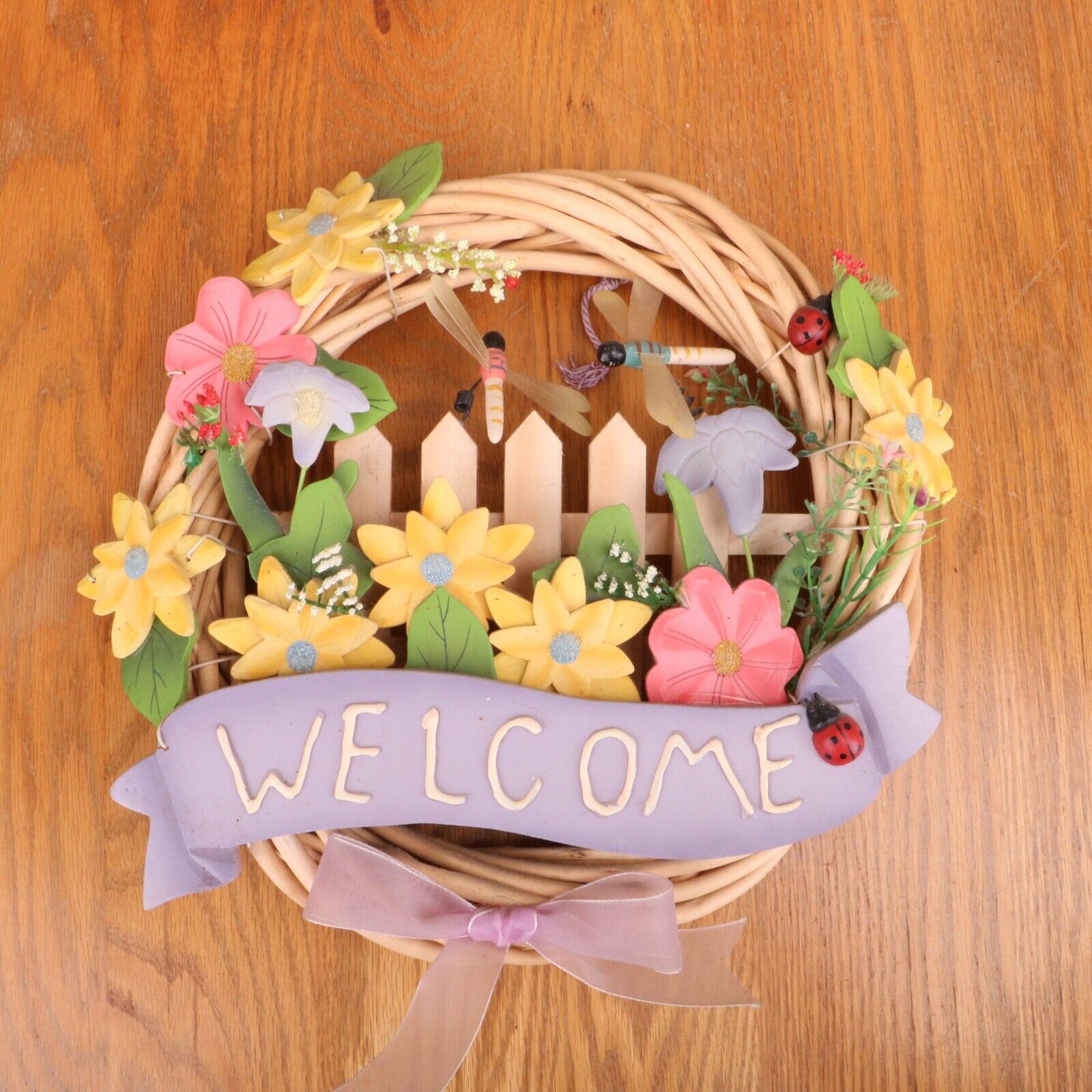 Wood Welcome Decorative Door Wall Wreath Fence Flowers Dragonfly