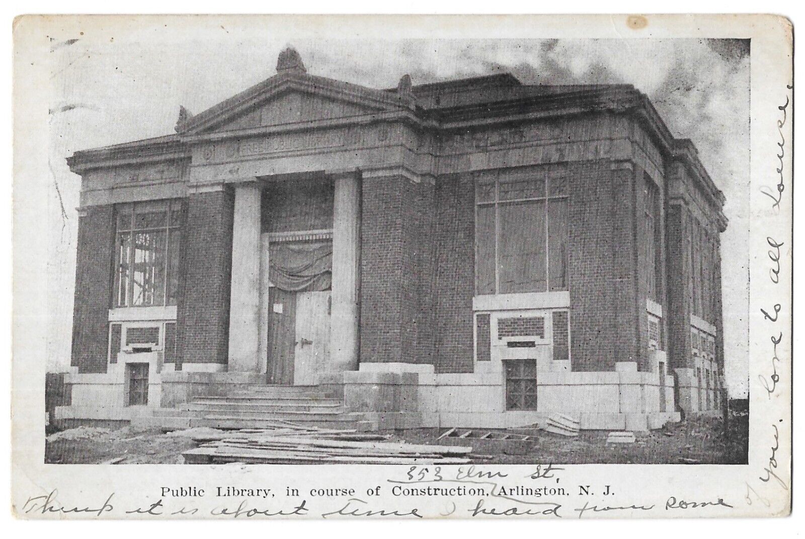 Public Library Construction, Arlington, New Jersey Postcard, Mailed 1913