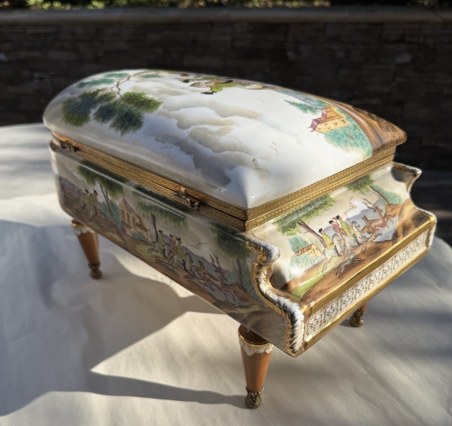 Rare Vtg French Sevres Style Baby Grand Piano Box Pastoral Hunt Scene