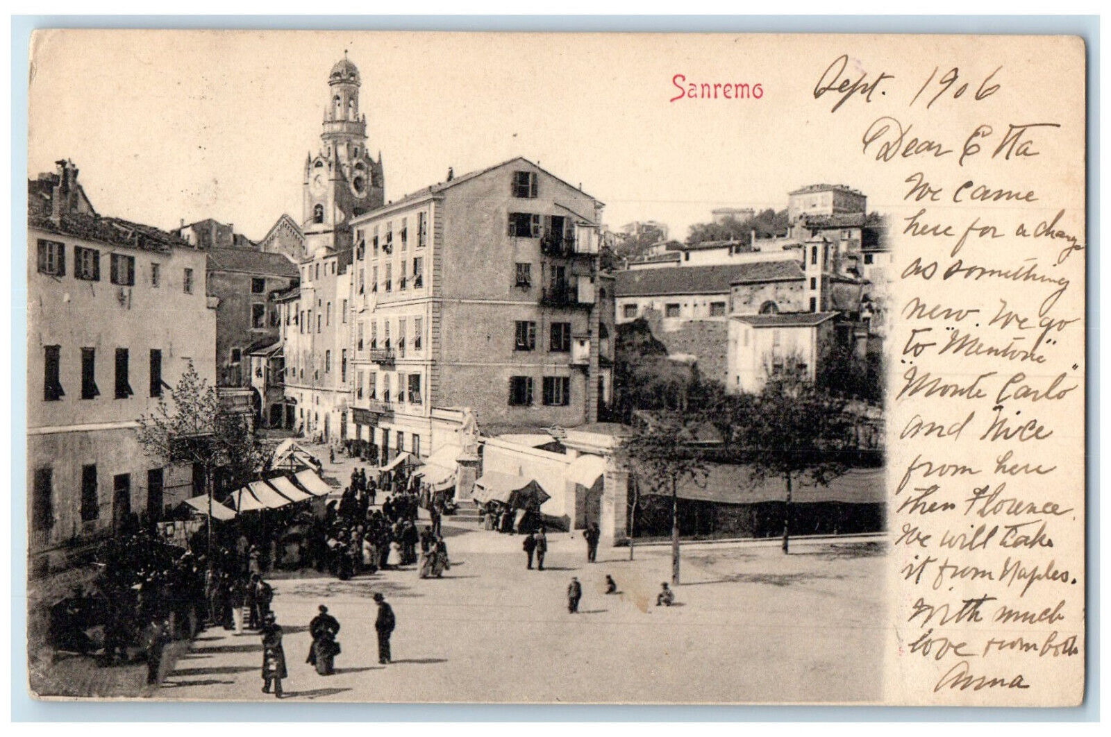 1906 View of Business Section Street at Sanremo Italy Posted Antique Postcard