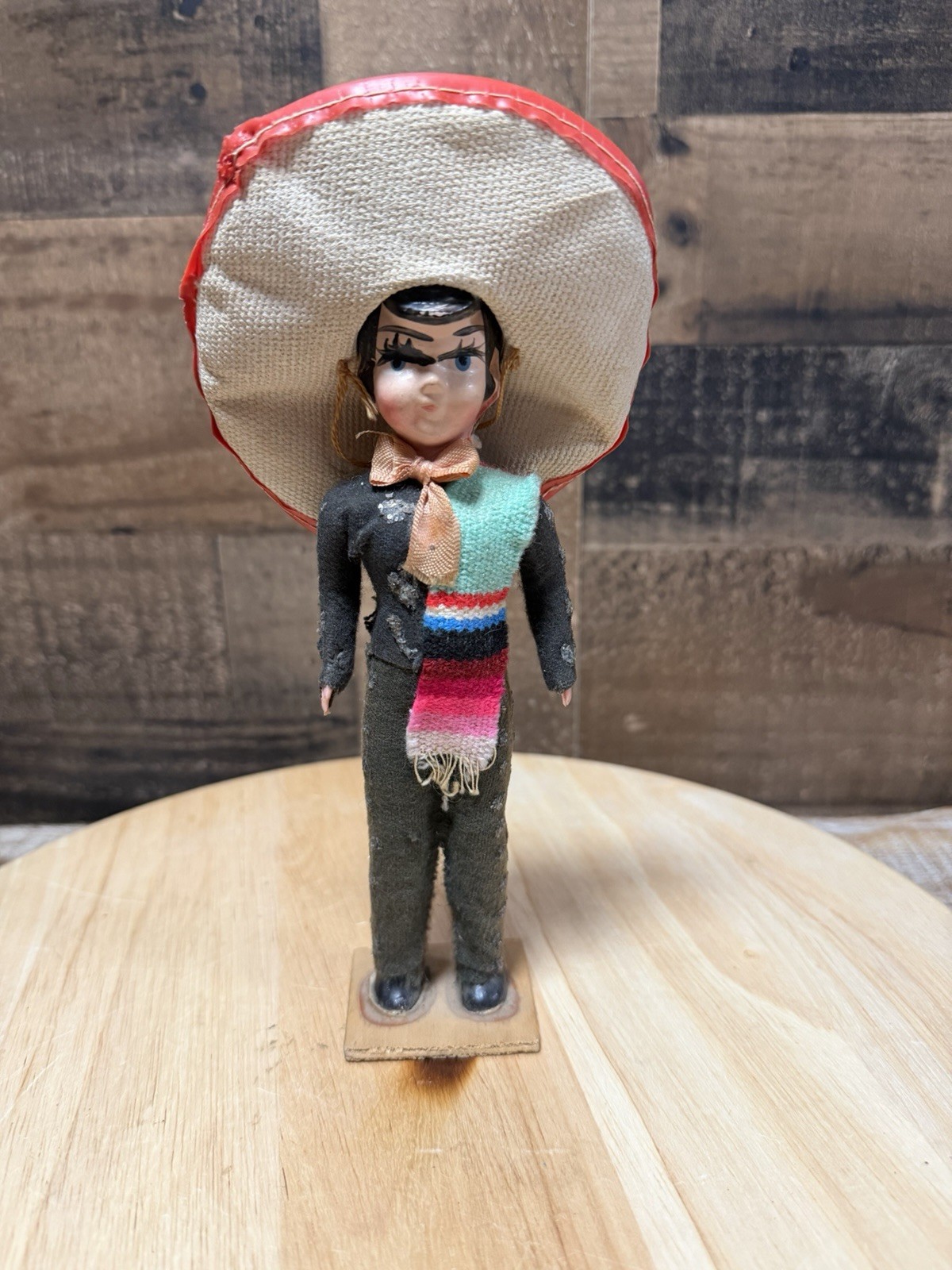 Vintage Mexican Souvenir Doll 8.5” Sombrero Serape Hand Painted Folk Art