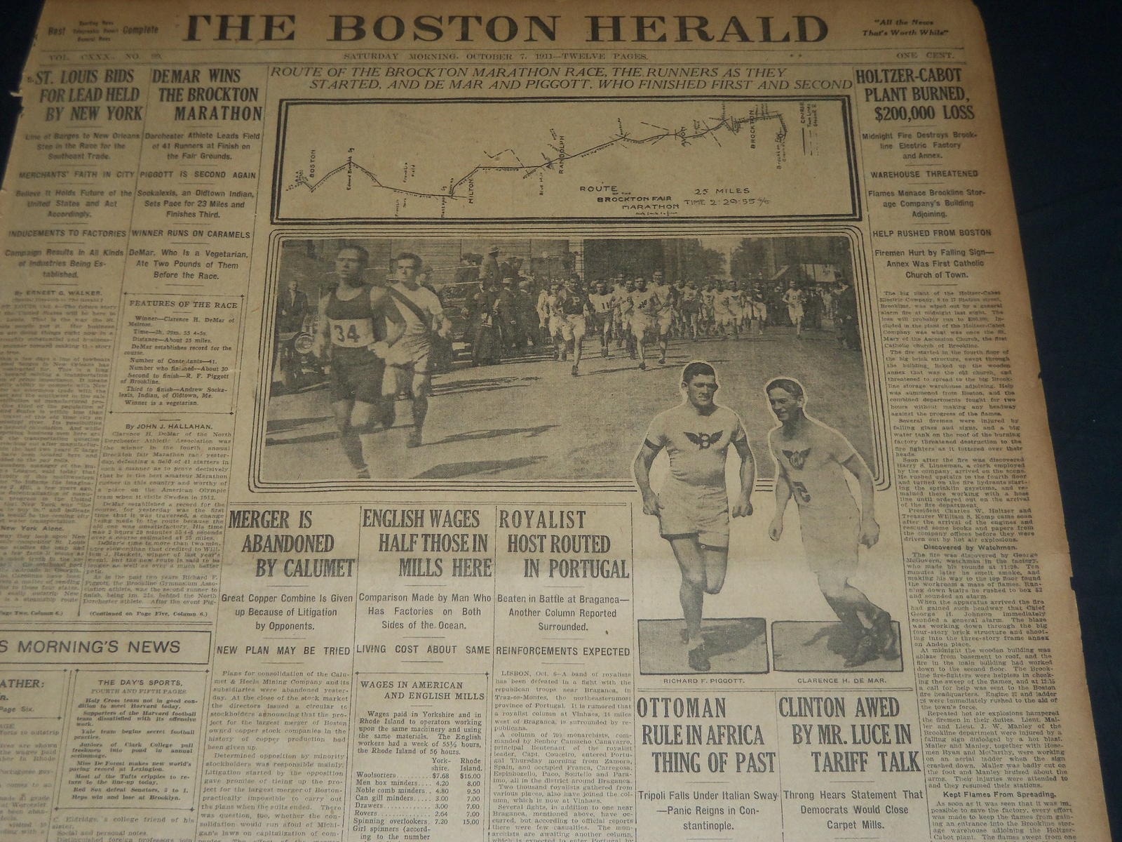 1911 OCTOBER 6 THE BOSTON HERALD - DE MAR WINS BROCKTON MARATHON RACE - BH 179