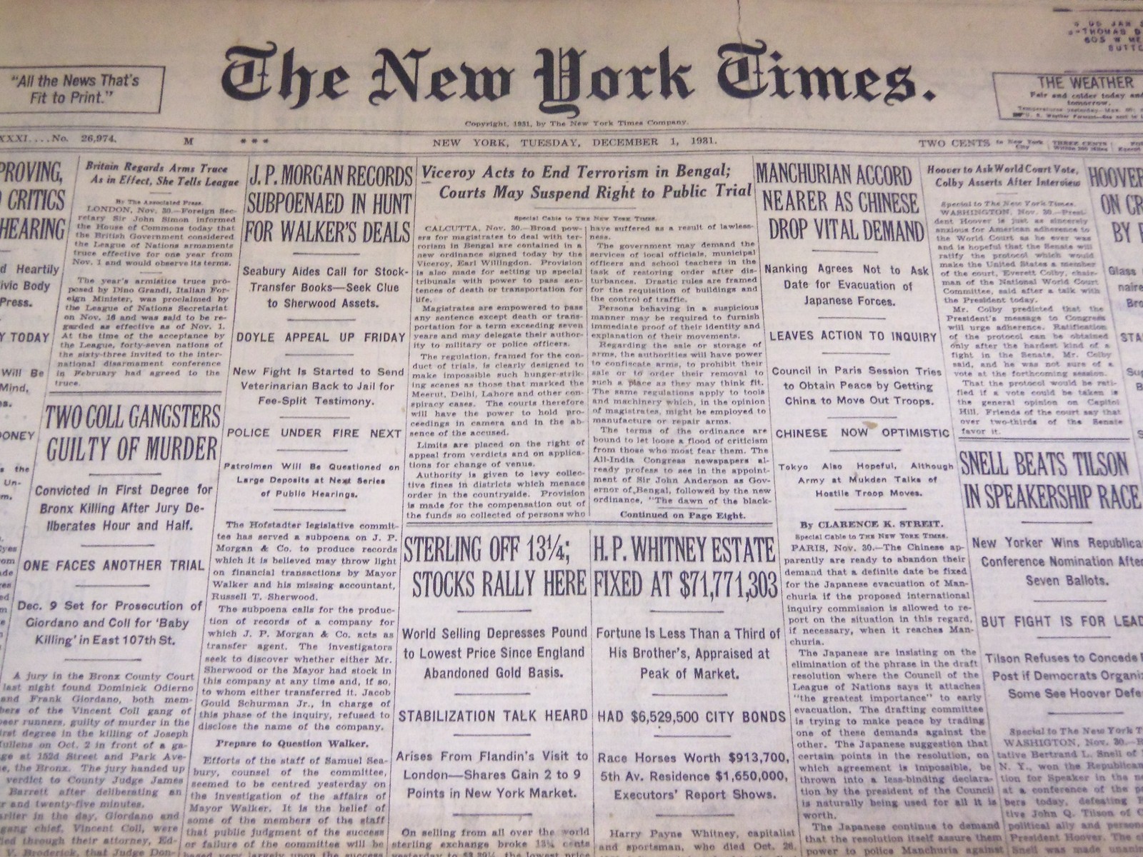 1931 DECEMBER 1 NEW YORK TIMES - WHITNEY ESTATE FIXED AT $71,771,303 - NT 2223