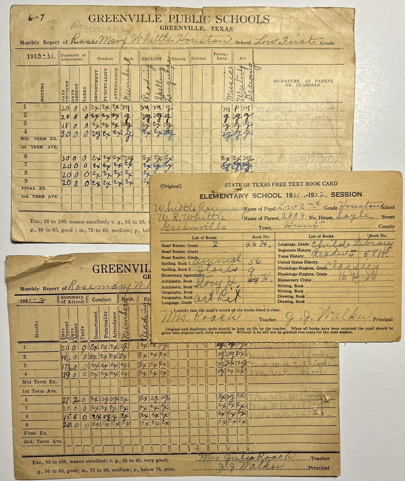 1931 Greenville TX Public Schools Report Cards Rosemary Whittle Houston Grade