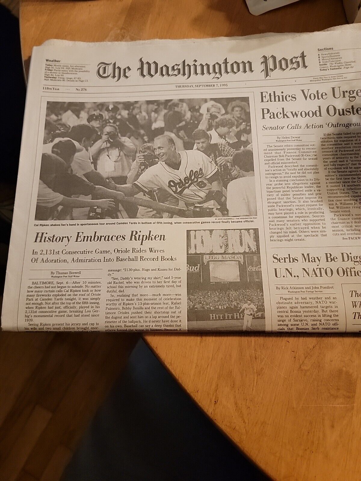  Washington Post newspaper thur, sept. 7 1995 cal ripken 2131 game record