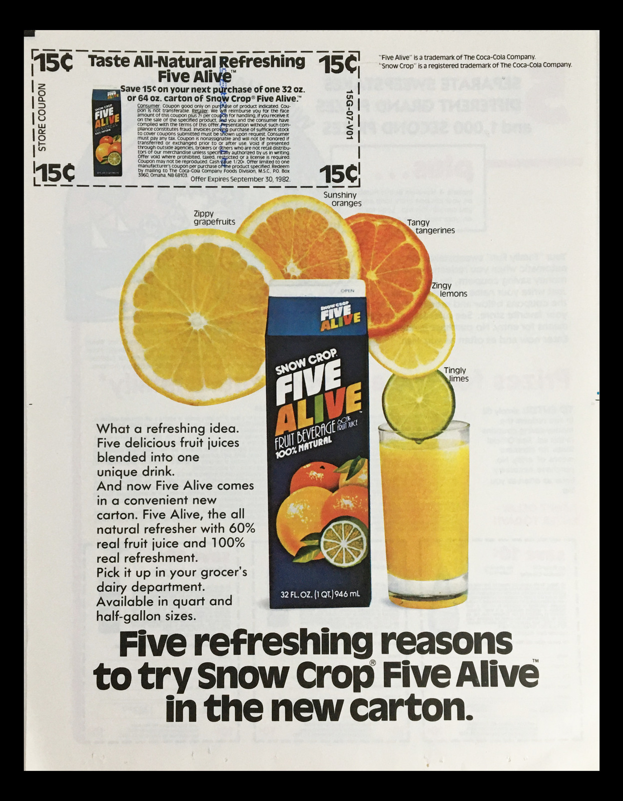 1982 Snow Crop Five Alive Fruit Beverage Circular Coupon Advertisement