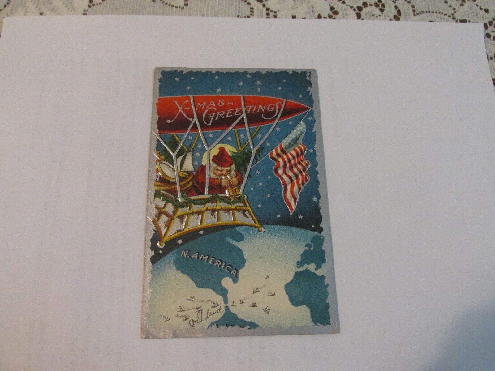 Patriotic Santa Claus in Airship USA Flag Christmas Postcard