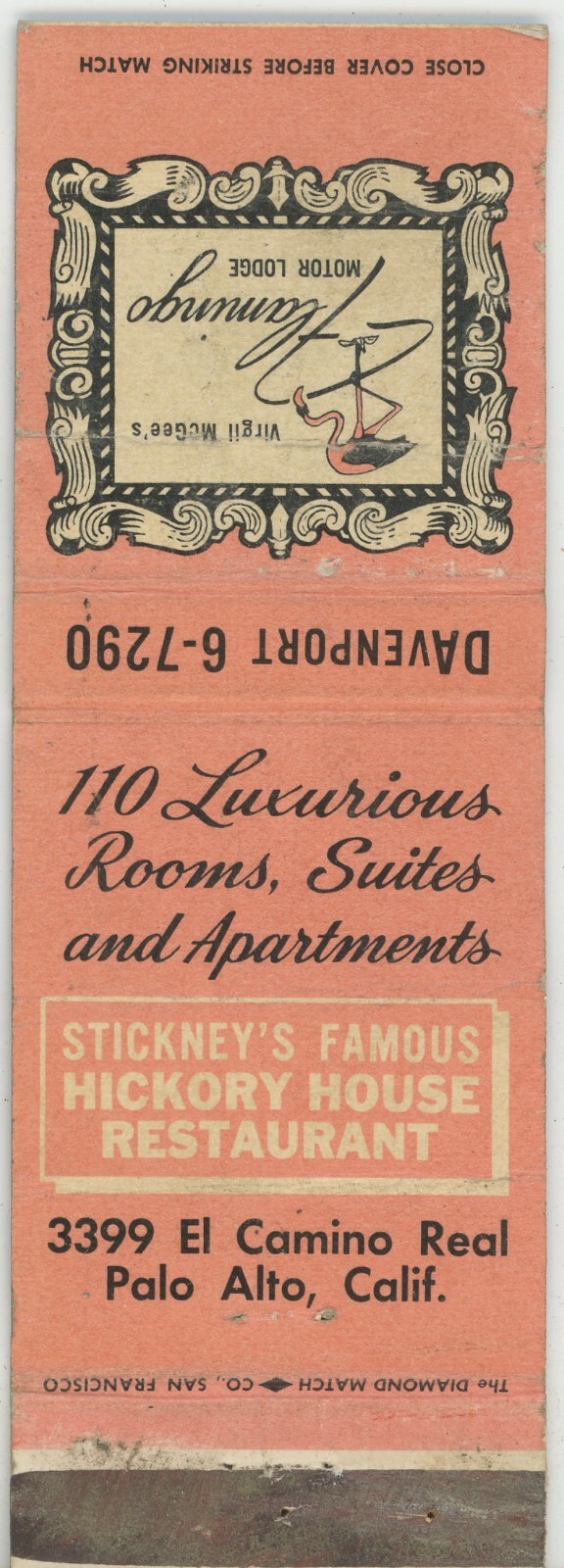 Flamingo STICKNEY\'S HICKORY HOUSE RESTAURANT Palo Alto CA Matchbook Cover  D-6